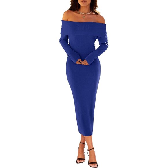 Merokeety Women's Royalblue Off Shoulder Long Sleeve Elegant Bodycon Midi Dress - Picture 3 of 9